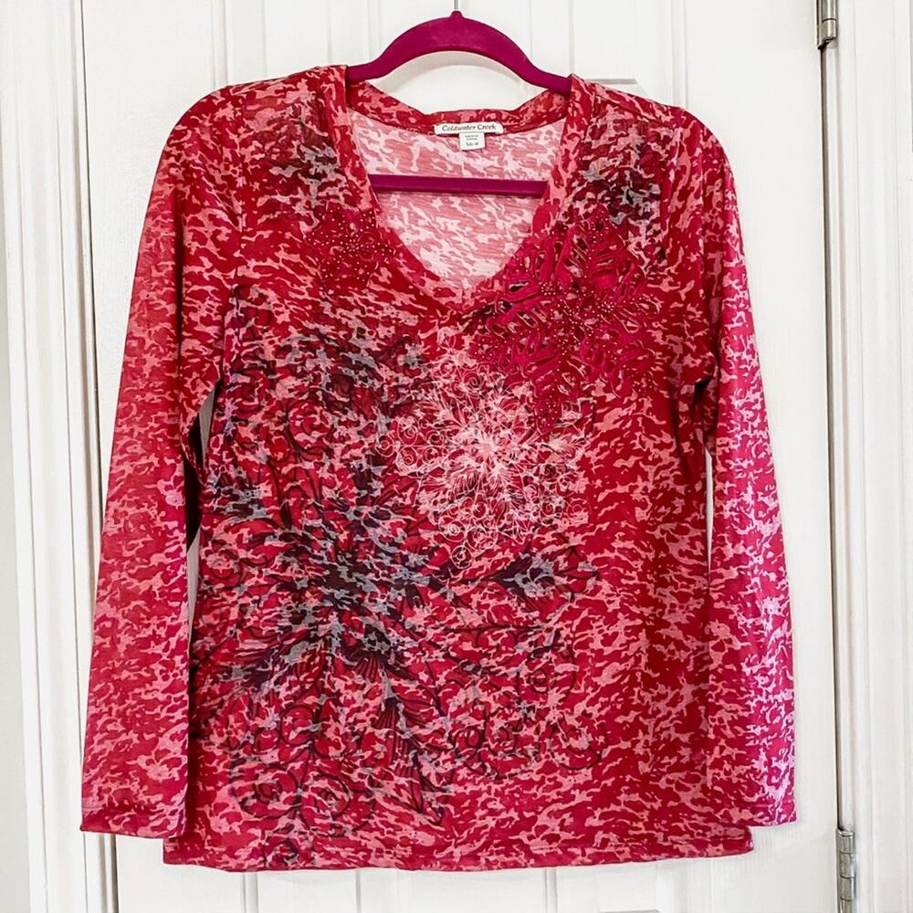 COLDWATER CREEK • Red Long Sleeve Spotted Jeweled Floral V-Neck Top